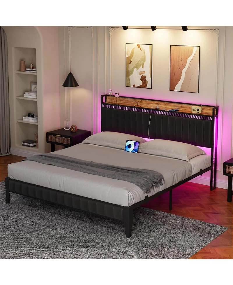 gaomon Queen Bed Frame, Storage Headboard with Charging Station, Led Bed Frame, Upholstered Platform Bed Frame Queen Size, Solid and Stable, No Box