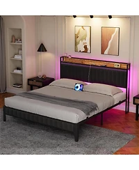 gaomon Queen Bed Frame, Storage Headboard with Charging Station, Led Bed Frame, Upholstered Platform Bed Frame Queen Size, Solid and Stable, No Box