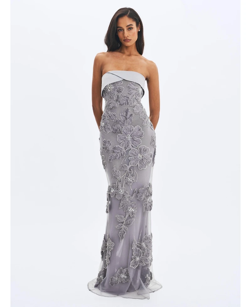 Miss Circle Women's Raphaela Silver Beaded Floral Strapless Mermaid Maxi Dress