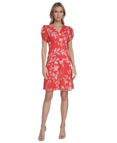 Calvin Klein Womens Printed Puff Sleeve Shift Dress
