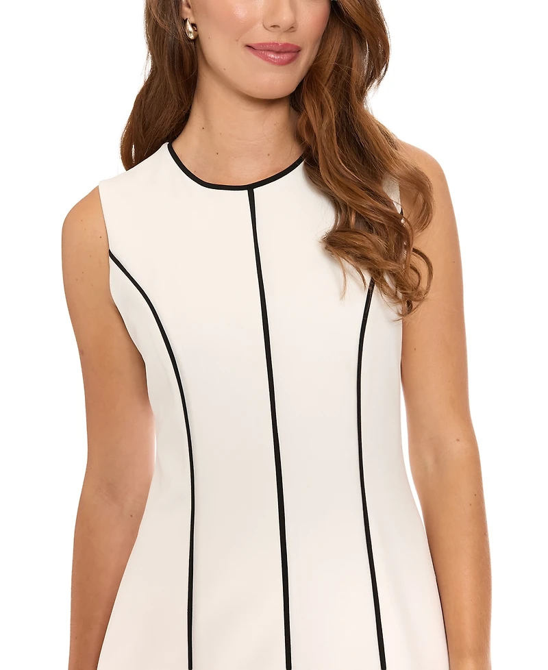 London Times Petite Contrast-Piping Pleated Dress
