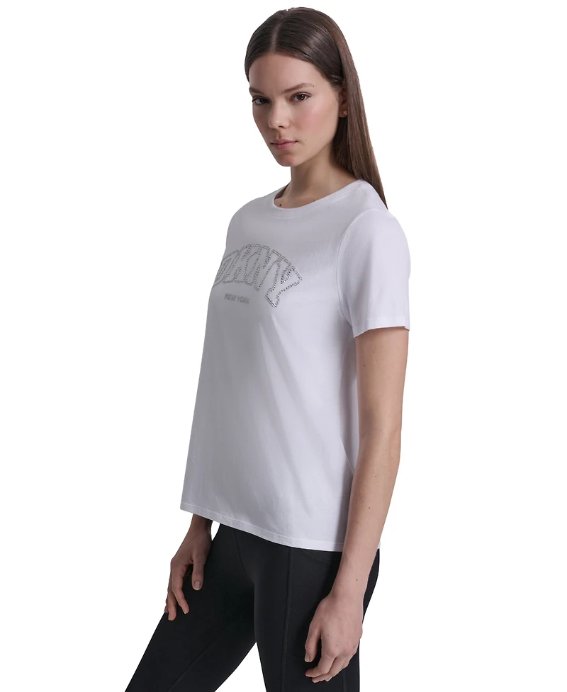 Dkny Sport Women's Rhinestone Varsity Logo Relaxed Fit Pull-On T-Shirt