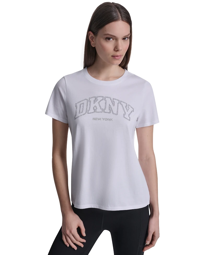 Dkny Sport Women's Rhinestone Varsity Logo Relaxed Fit Pull-On T-Shirt