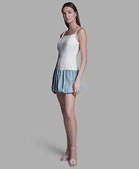 Bcbg Women's Eyelet Detail Sleeveless Square Neck Bubble Hem Mini Dress