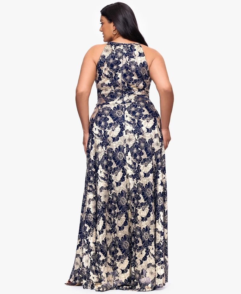 B&A By Betsy and Adam Plus Halter Wrap Foil Ball Gown