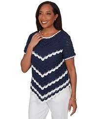 Alfred Dunner Petite Chevron Crochet Short-Sleeve Top