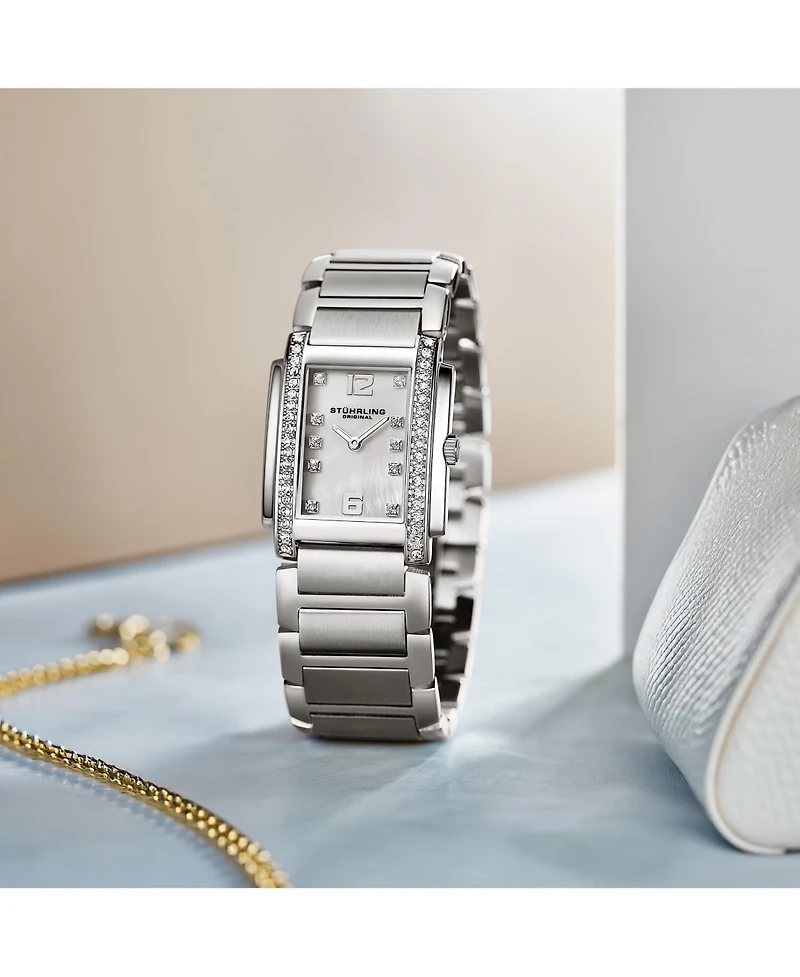 Stuhrling Serafine 4089.1 Women's Rectangular Quartz Watch with Mop Dial And Crystal Bezel