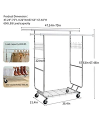 Rainsken Double Clothing Garment Rack, Double Rod Rolling Clothing Rack, Portable Collapsible Hanging Rack with Shelves, Capacity 800lbs for Bedroom