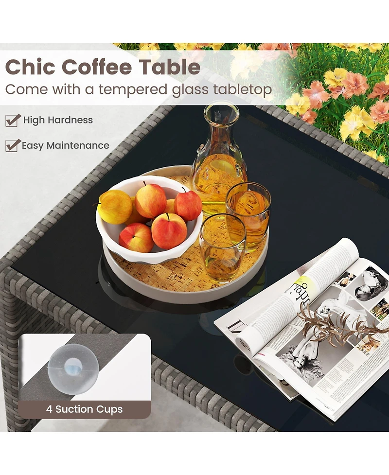 Gymax Set of Patio Conversation Set w/Seat Cushions & Tempered Glass Tabletop Porch