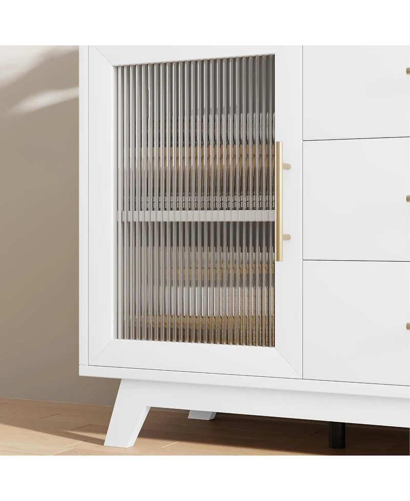 gaomon Modern Farmhouse Buffet Storage Cabinet with Glass Door, 56" Large Sideboard Cabinet with Door/3 Drawers/Adjustable Shelf, Wood Coffee