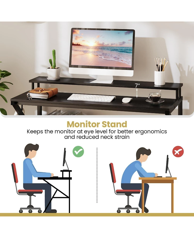 Mecale Computer Desk with Monitor Stand Extra Storage