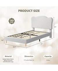 gaomon Upholstered Twin Size Bed Frame for Kids with Scallop Headboard, Cute Velvet Twin Bed for Girls, Boys, Sturdy Platform Bed