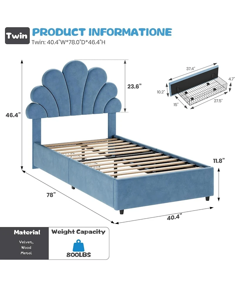 gaomon Twin Bed Frame for Kids with 2 Storage Drawers, Cute Velvet Princess Platform Upholstered Headboard Girls, Boys, Solid Wood