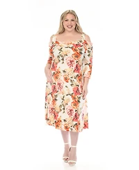 White Mark Plus Cold Shoulder 3/4 Sleeve Dress