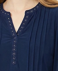 Ny Collection Petite Long Sleeve Pleat Front Roll Tab Top