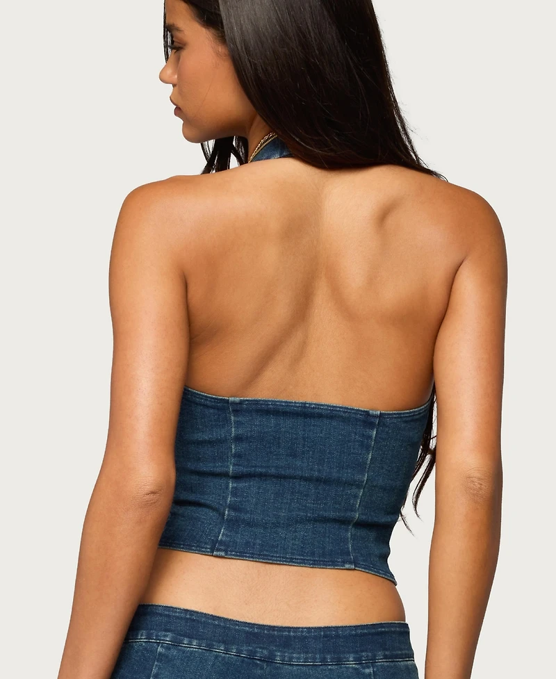 Edikted Women's Sashe Button Up Denim Halter Top