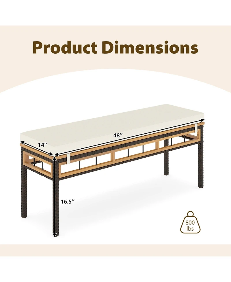 Gymax 2Pcs Wicker Patio Bench/Acacia Wood Seat Removable Padded Cushion for Deck