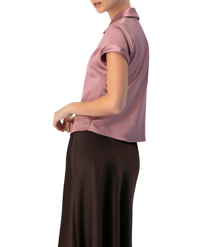 Ivonne Women's Plain Short Sleeve Blouse with Shirt Collar