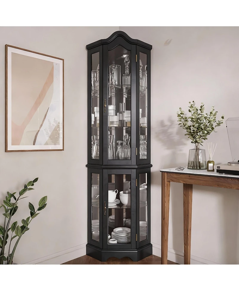 Yigii Antique-Style Corner Curio Cabinet with Adjustable Shelves and Light