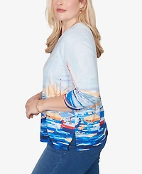 Alfred Dunner Women's Port Side Harbor Scene Printed Top