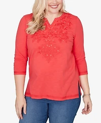 Alfred Dunner Women's Port Side Tonal Embroidered Split-Neck Top