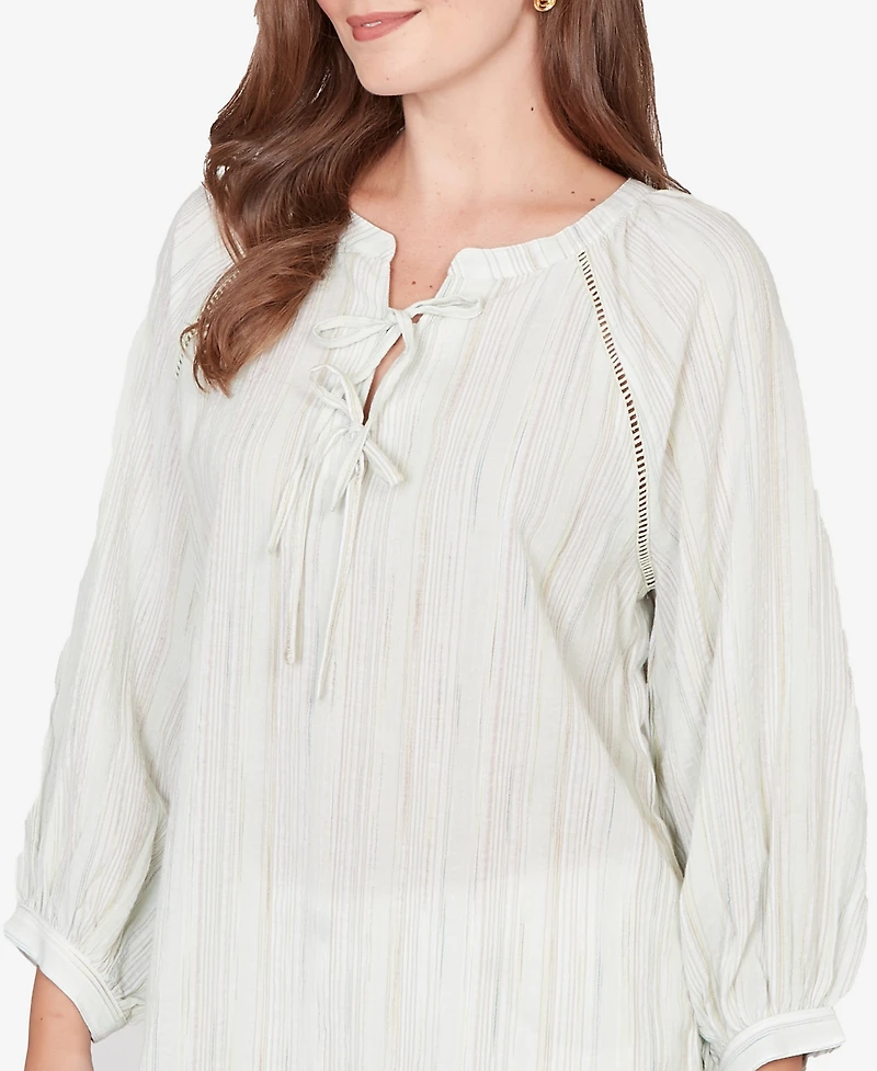 Ruby Rd. Petite Crinkle Stripe Tie Front Peasant Top
