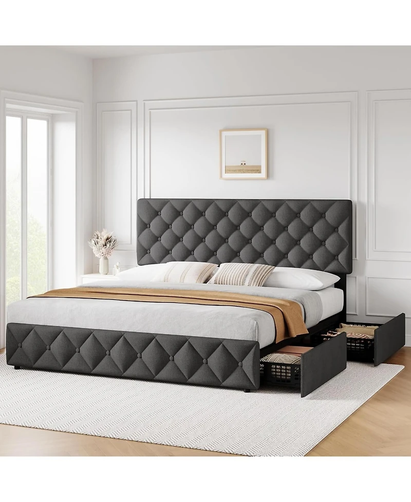 gaomon Bed Frame with 4 Storage Drawers and Headboard, Linen Upholstered Platform Bed Frame, Diamond Stitched Button Tufted