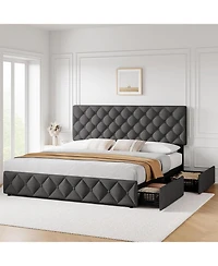 gaomon Bed Frame with 4 Storage Drawers and Headboard, Linen Upholstered Platform Bed Frame, Diamond Stitched Button Tufted