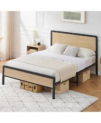 gaomon Rattan Queen Bed Frame with Cane Headboard, Boho Platform, Slat Support, No Box Spring, Easy Assembly