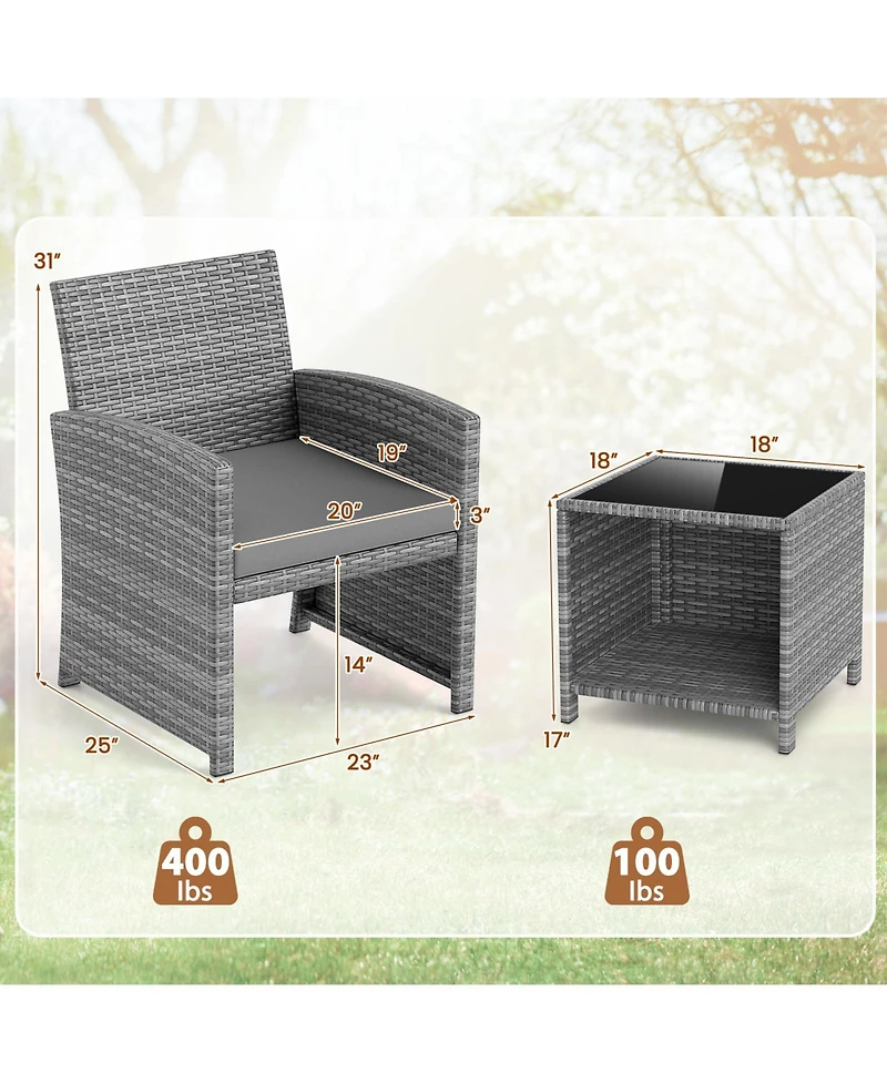 Gymax 3 Pieces Patio Furniture Set Pe Rattan Chairs w/ Storage Coffee Table