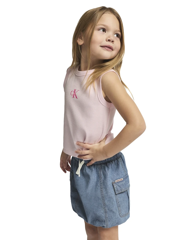 Calvin Klein Girls' 4-6X Ribbed Tank Top and Denim Bubble Skirt, 2-Piece Set