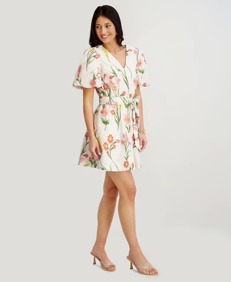 kensie Women's Embroidered Woven V-Neck Dress