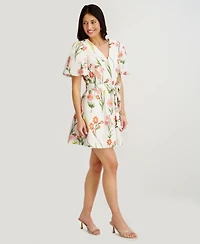 kensie Women's Embroidered Woven V-Neck Dress