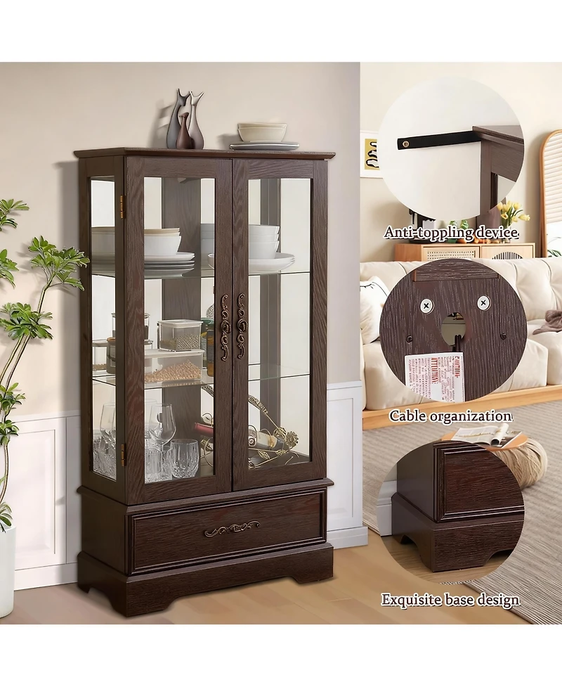 Yigii Antique Display Cabinet with Lighted Glass Doors and Mirrored Panel