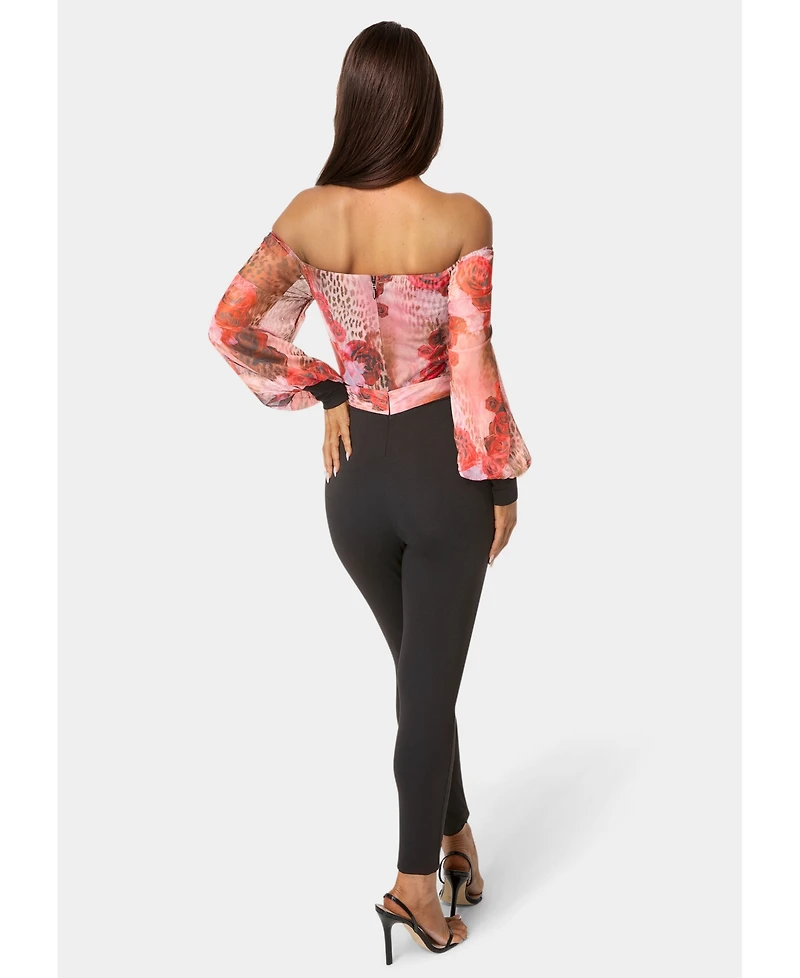 Bebe Women's Printed Mesh Off Shoulder Catsuit