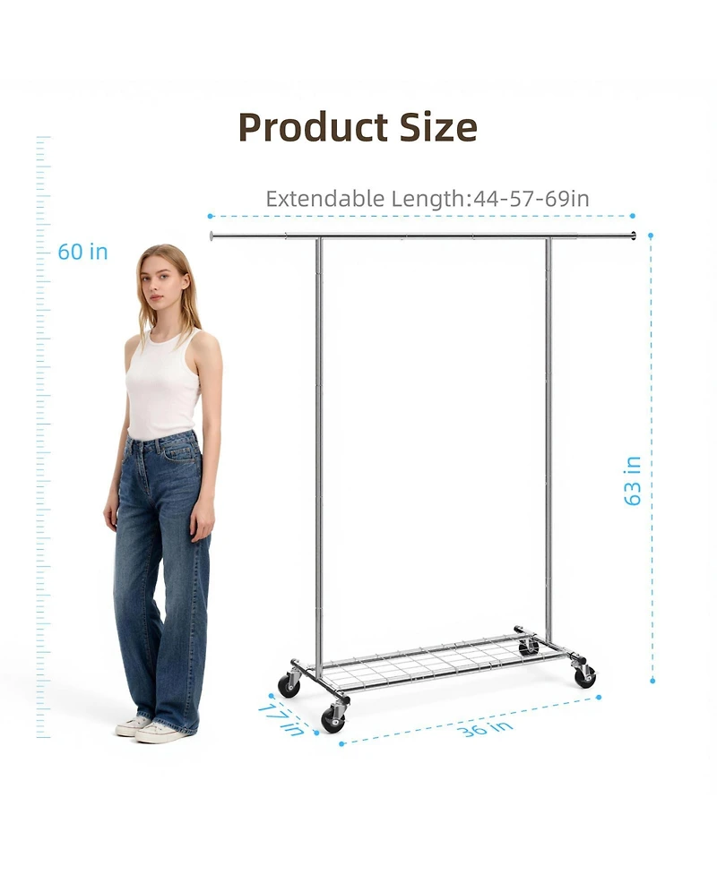 Sugift Adjustable Rolling Garment Rack with Extendable Hanging Rod