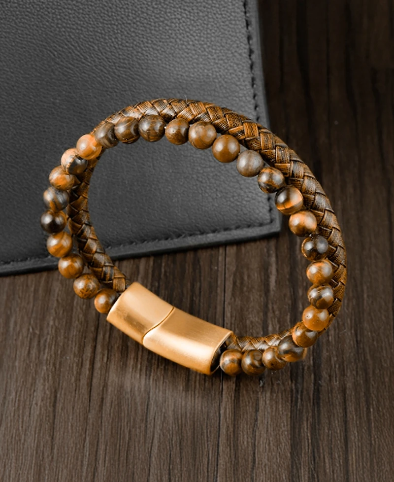 Rhona Sutton Men's Brown Leather Bracelet in Stainless Steel