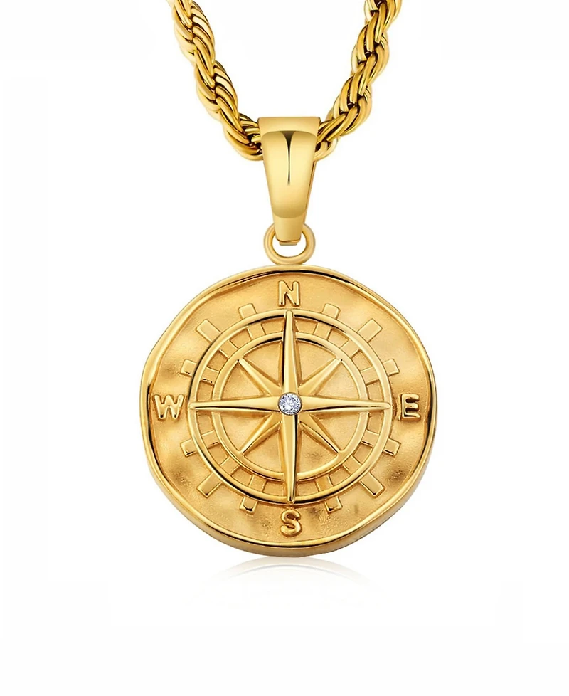 Rhona Sutton Men's Stainless Steel Compass Coin Pendant Necklace in 18k Gold Plated