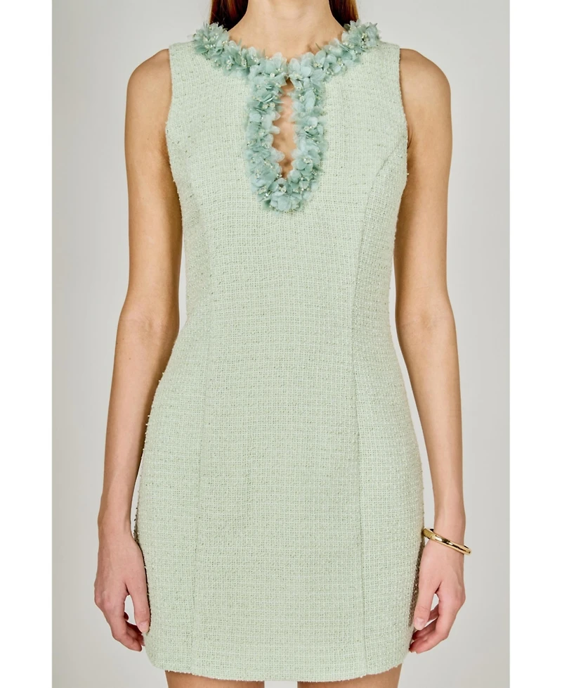 endless rose Women's Tweed Racerback Floral Trim Mini Dress