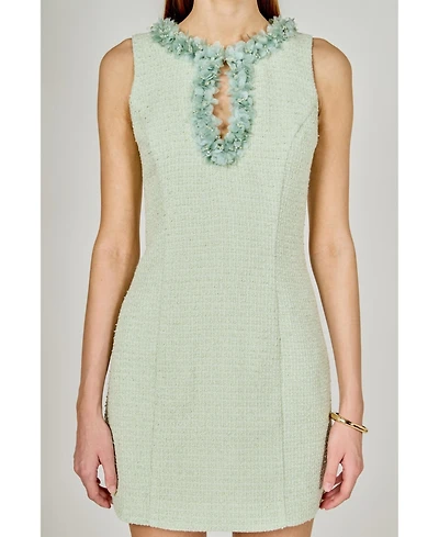 endless rose Women's Tweed Racerback Floral Trim Mini Dress