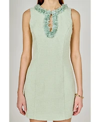 endless rose Women's Tweed Racerback Floral Trim Mini Dress