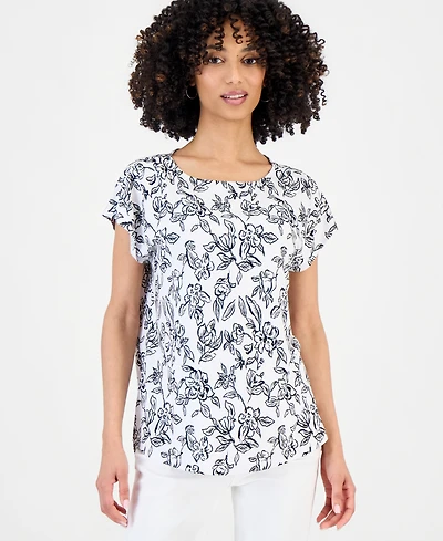 Style & Co Petite Floral-Print Flutter-Sleeve Top, Macy's Exclusive