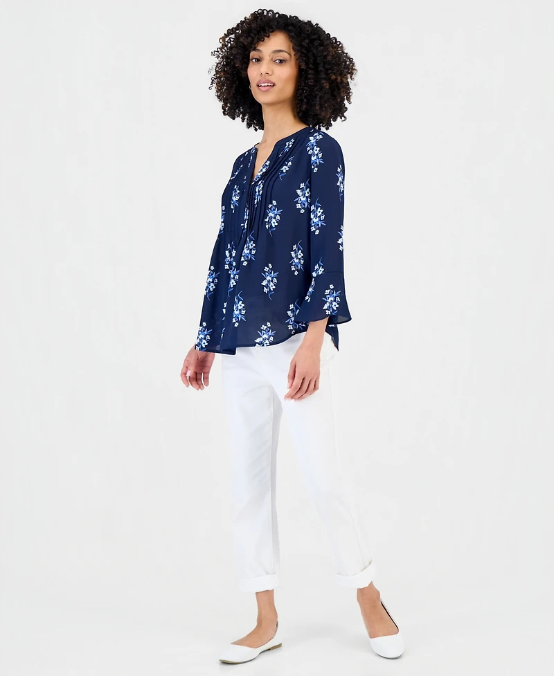 Style & Co Petite Printed V-Neck Pintuck-Front Top, Macy's Exclusive