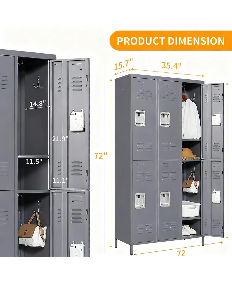Yigii Large 72" Steel Locker with 6 Doors for Gym, Office, or School- Spacious, Durable, Easy Assembly