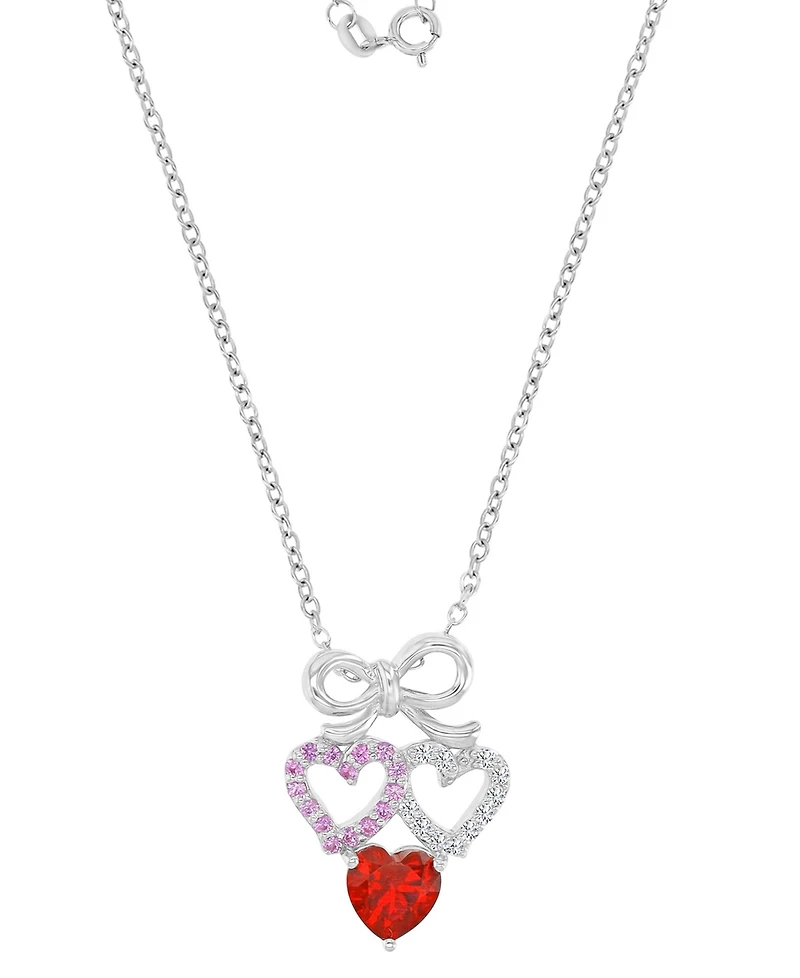 Macy's Ruby and Created White Sapphire Bow With Hearts Necklace in Rhodium Over Sterling Silver