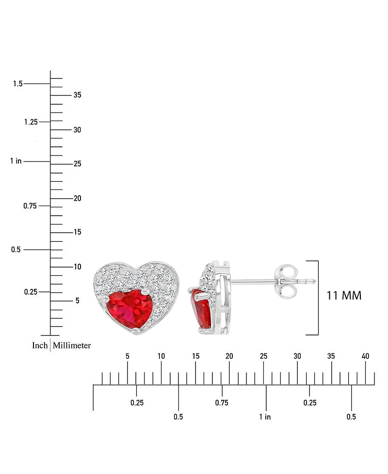 Macy's Created White Sapphire and Ruby Paved Heart Stud Earrings in Rhodium Over Sterling Silver