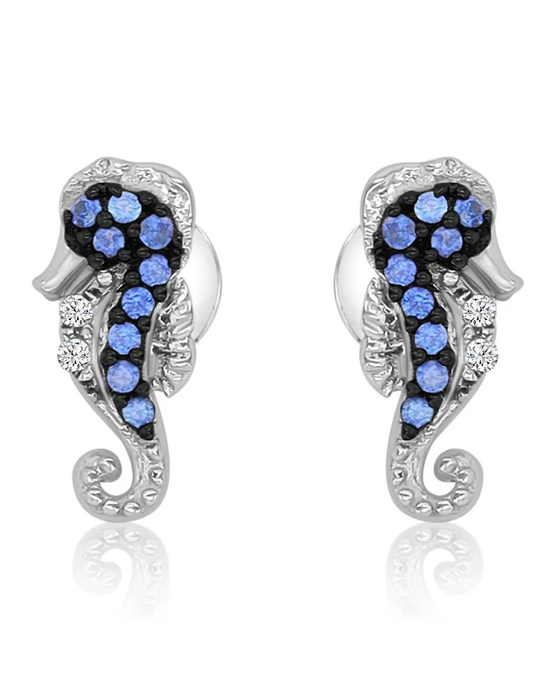 Macy's Created Blue Sapphire and White Sapphire Seahorse Stud Earrings in Rhodium Over Sterling Silver