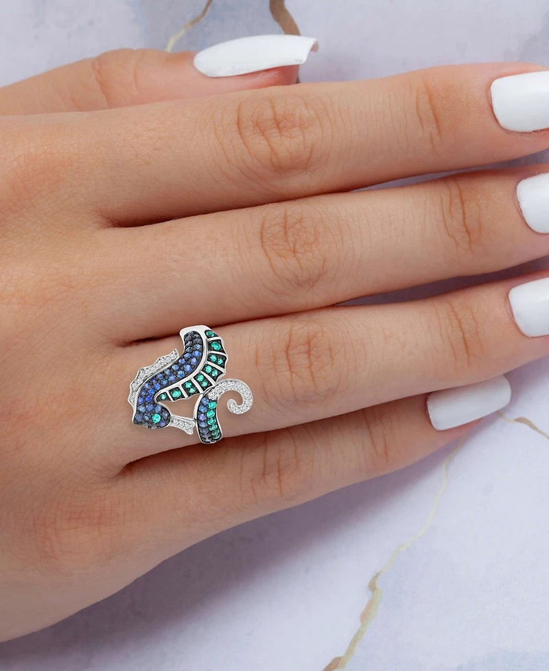 Macy's Created Emerald & Sapphire Seahorse Ring Black Rhodium Over Sterling Silver