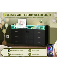 gaomon 9 Drawer Wooden Dressers for Bedroom with Led Lights & Charging Station, Wood Chest of Drawers App Control, Modern Large Storage Cabinet