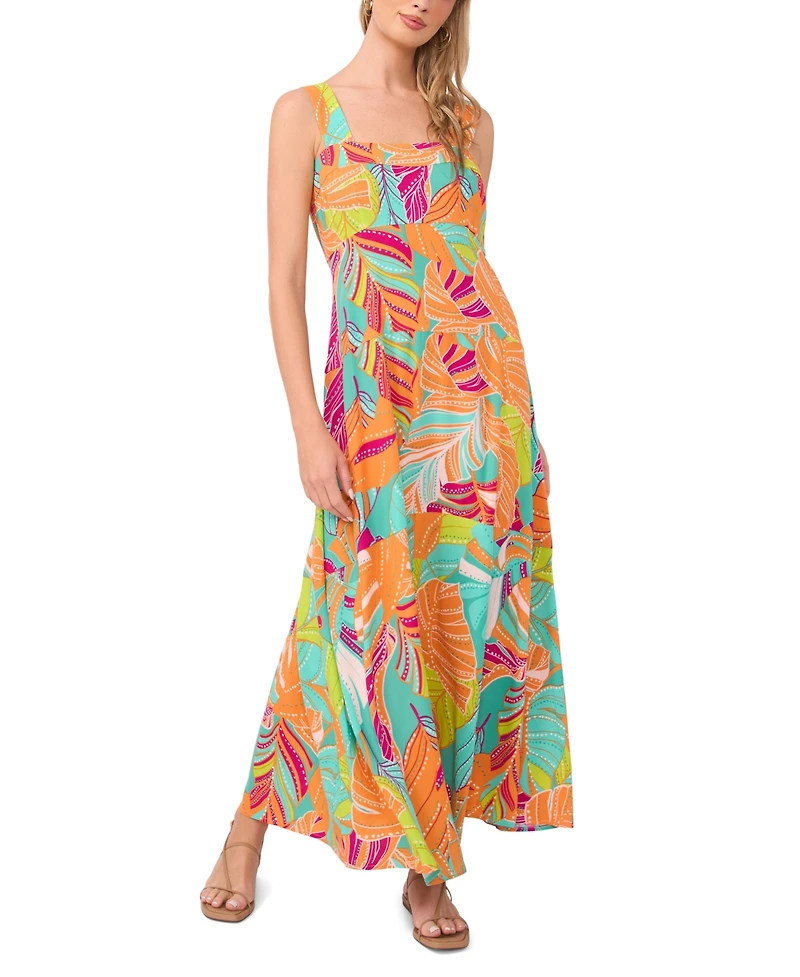 Vince Camuto Women's Printed Square-Neck Smocked-Back Sleeveless Maxi Dress